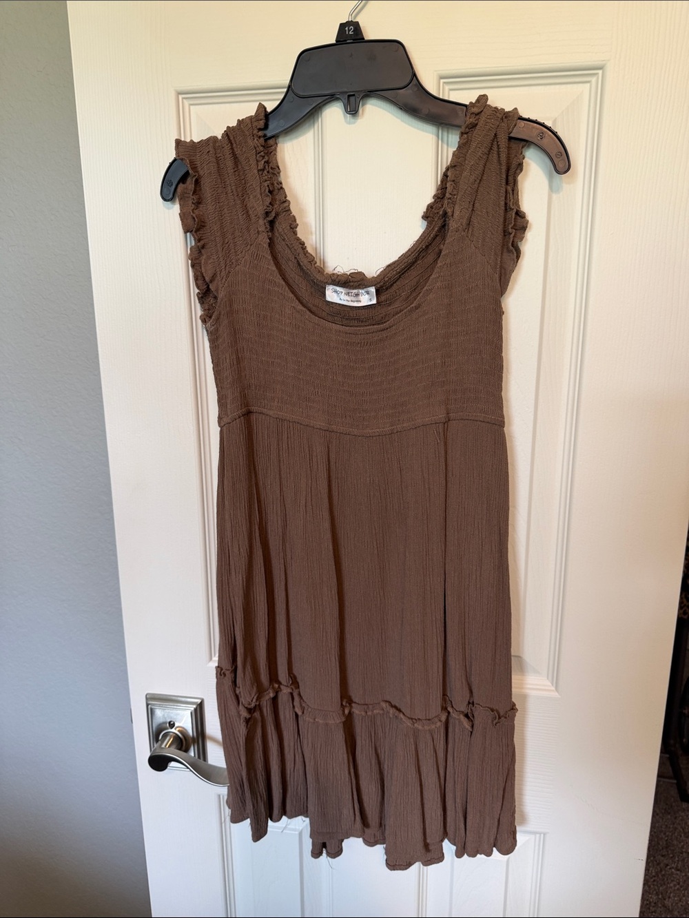 Ruffle-Trim Sleeveless Mini Dress in Brown
